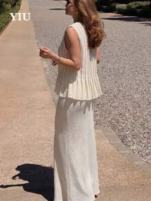 Conjunto de vestido de 2 piezas sin tirantes y sin espalda para mujer YIU, atuendo casual elegante sin elasticidad, incluye top plisado y falda larga - Beis - Ver 1