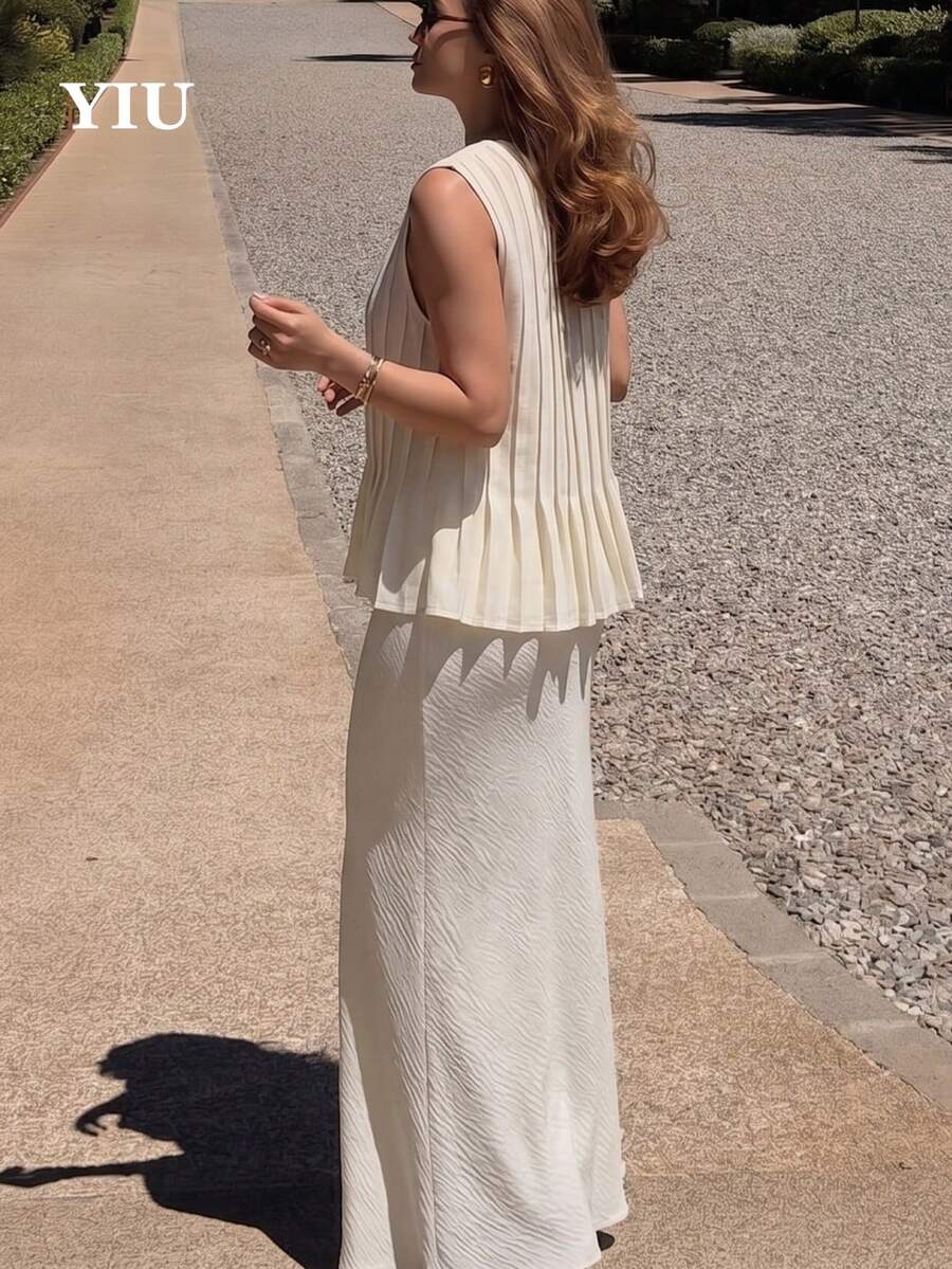 Conjunto de vestido de 2 piezas sin tirantes y sin espalda para mujer YIU, atuendo casual elegante sin elasticidad, incluye top plisado y falda larga - Beis - Ver 1