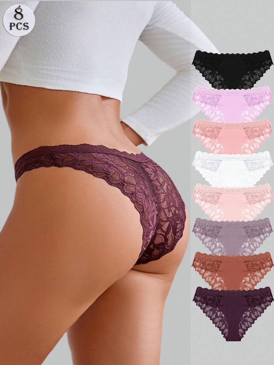 FINETOO 8pcs Women's Hollow Lace Patchwork Cotton Triangle Panties, Fashionable Sexy Women's Underwear, Suitable For Spring And Summer - Multicolor - View 1