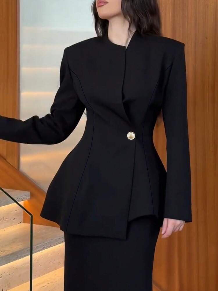 女款優雅通勤長袖開襟收腰西裝外套（附肩墊）純色 辦公日常 秋冬款 - 黑色 - 查看 6