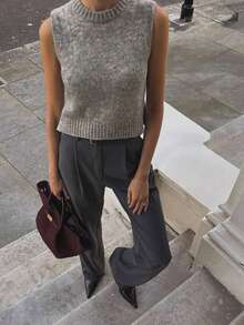 Daleeva Spring Autumn Winter Grey Women Sweater Vests Y2K Casual Sleeveless Mock Neck Fuzzy Knit Crop Tops Suitable For Going Out, Party & School Fall - Grey - View 4