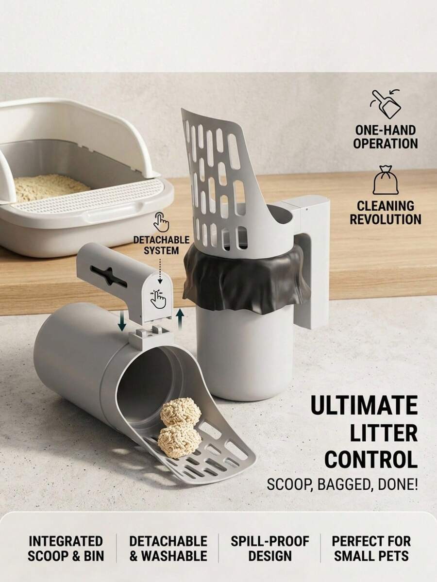 PETSIN Detachable Cat Litter Scoop With Waste Storage Box & Trash Bags Large Capacity Multi-Functional Cat Litter Shovel Durable PP Pet Cleaning Tool Portable Poop Scooper For Cats Easy Daily Litter Cleaning Supply Pet Care Essential & Gift For Cat Lovers