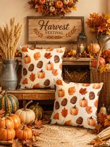 2pcs Pine Cone, Maple Leaf, Pumpkin Pillow Covers 17.7x17.7 Inches, Autumn Thanksgiving Harvest Home Sofa Decor - Multicolor - View 2