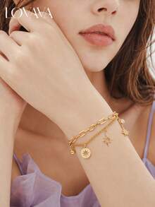 18K Gold Vacuum Plated Stainless Steel Double Layer Star Pendant Bracelet For Women, European And American Luxury Style, Oval Chain Round Charm Vintage Rhinestone Hand Jewelry, Suitable For Daily Commute, Party, Vacation, Gift - Gold - View 4