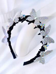 1pc Fashionable Iridescent Crystal Butterfly Headband, Sparkling Rhinestone Non-Slip 3D Hair Accessory For Women, Holiday Celebration - Black - View 8