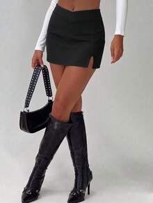 Women's Y2K Style Sexy High Slit Elastic Bodycon Mini Skirt - Charcoal Black - View 3