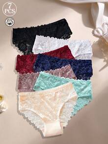 7pcs Women's Floral Lace Cotton Mid-Waist Embroidered Panties, Soft And Comfortable - Multicolor - View 5