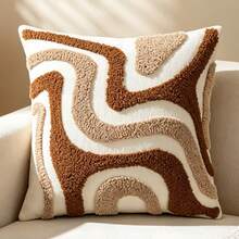 1pc Dual-Color Curved Asymmetrical Geometric Pillow Case, Nordic Minimalist Living Room Sofa Bed Decorative Cushion Cover, All Season, Pillow Insert Not Included - Coffee Brown - View 1