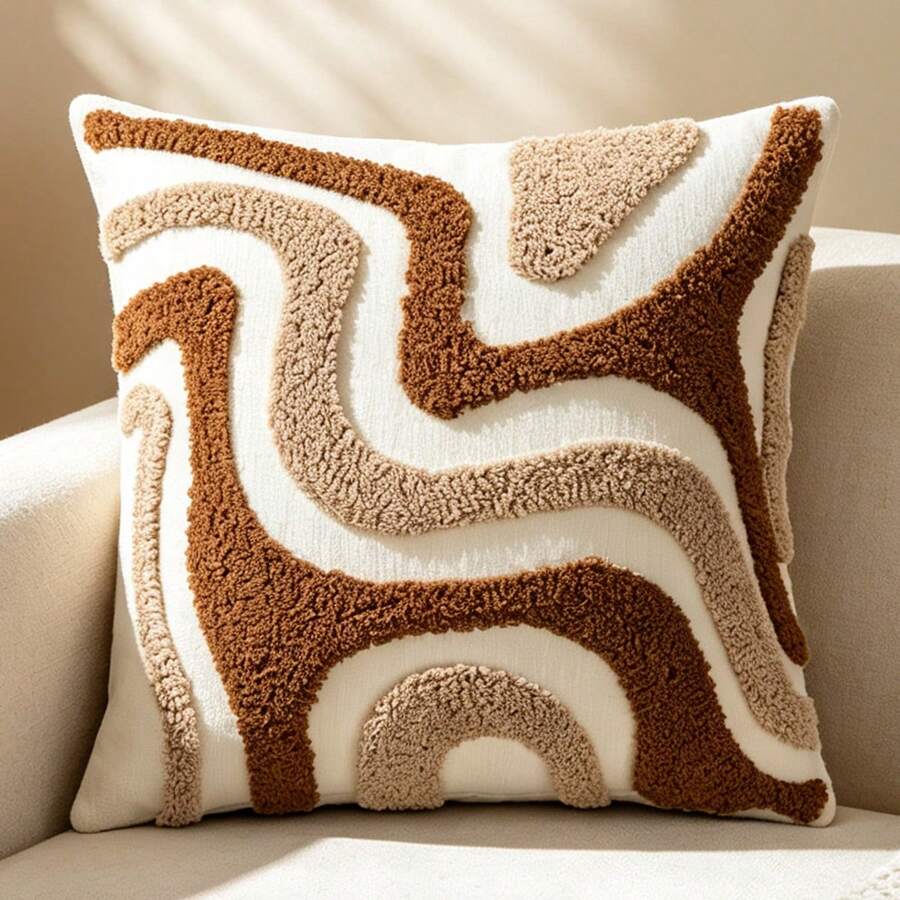 1pc Dual-Color Curved Asymmetrical Geometric Pillow Case, Nordic Minimalist Living Room Sofa Bed Decorative Cushion Cover, All Season, Pillow Insert Not Included - Coffee Brown - View 1