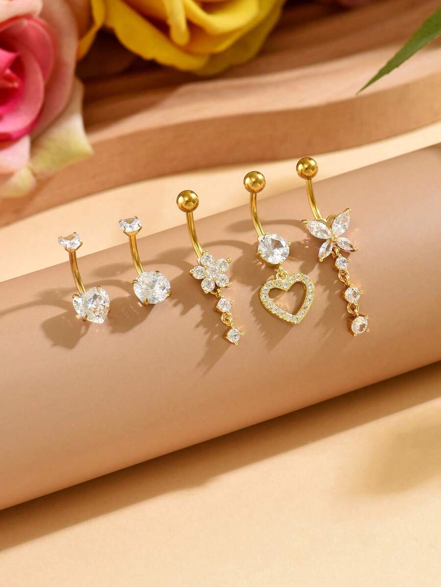 Juego de 5 piezas de anillos para el ombligo con forma de mariposa, flor, corazón y flor de circonita en color dorado, piercing de ombligo de acero inoxidable clásico para mujeres, uso diario - oro - Ver 1