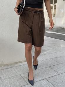 女款夏季休閒復古極簡棕色條紋直筒短褲，適合通勤、返校、日常辦公穿著 - 棕色 - 查看 2