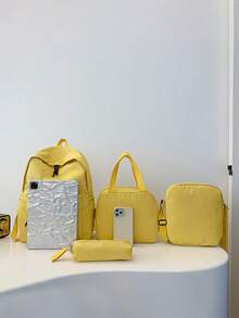 4-Piece Back To School Minimalist College Style Backpack Set, Backpack + Tote Bag + Crossbody Bag + Stationery Organizer Bag Matching Set, Large Capacity With Laptop Compartment Campus Commuter Bag, Solid Color Youth Backpack, With Adjustable Shoulder Straps, Multi-Layer Storage Space, Lightweight Zipper Storage Set, Suitable For Fresh Graduates, Students, Young Girl, For Outdoor Travel And Daily Campus Use - Multicolor - View 4