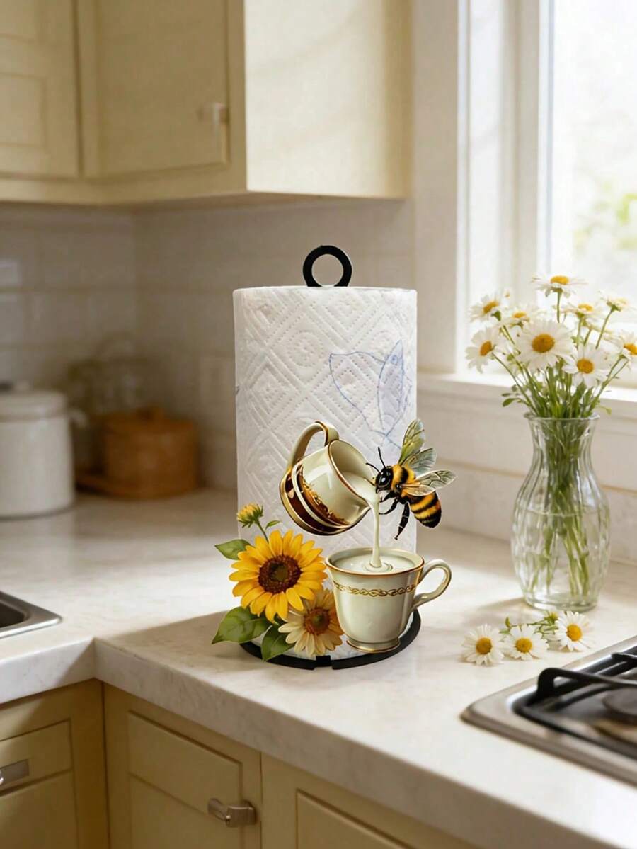 Sunflower And Bee Theme Paper Towel Holder, Charming Coffee And Honey Print, Suitable For Kitchen Countertop And Dining Table, Farmhouse Style Storage Rack, Perfect Housewarming Gift For Nature And Coffee Lovers - Multicolor - View 1