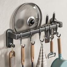 Wall-Mounted Kitchen Storage Rack With Hooks, No Drilling Adhesive Or Screws Required, Self-Adhesive Pot Rack For Tile Wall, Small Kitchen Pot Rack Organizer, Space-Saving Kitchen Wall-Mounted Pot Lid And Utensil Storage Rack, Suitable For Kitchen, Bathroom, Bedroom, For Hanging Wet Towels And Robes - Multicolor - View 5