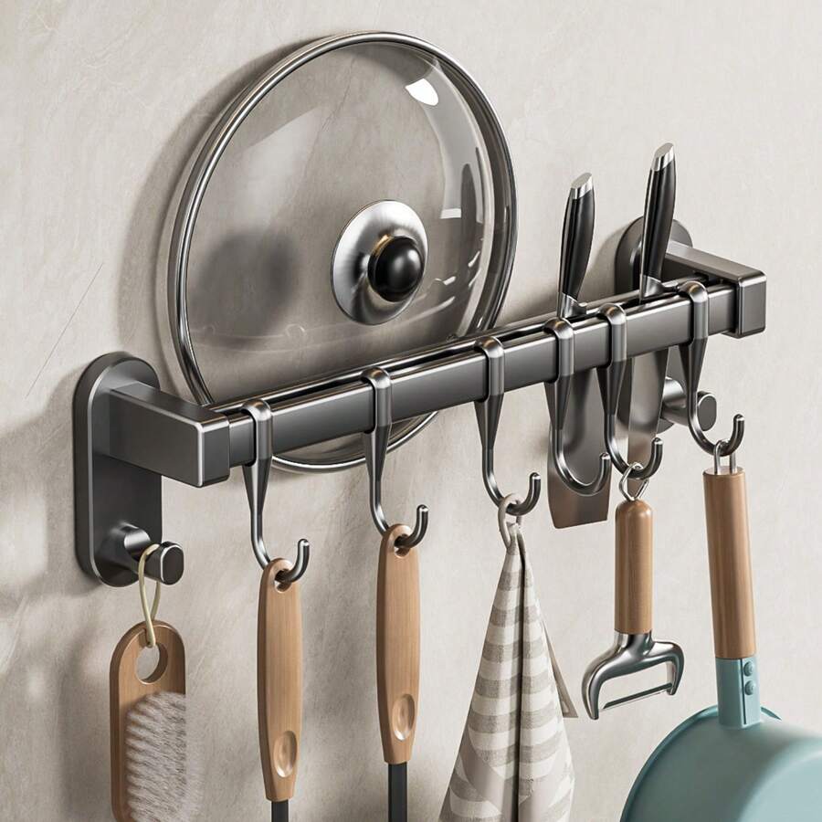 Wall-Mounted Kitchen Storage Rack With Hooks, No Drilling Adhesive Or Screws Required, Self-Adhesive Pot Rack For Tile Wall, Small Kitchen Pot Rack Organizer, Space-Saving Kitchen Wall-Mounted Pot Lid And Utensil Storage Rack, Suitable For Kitchen, Bathroom, Bedroom, For Hanging Wet Towels And Robes