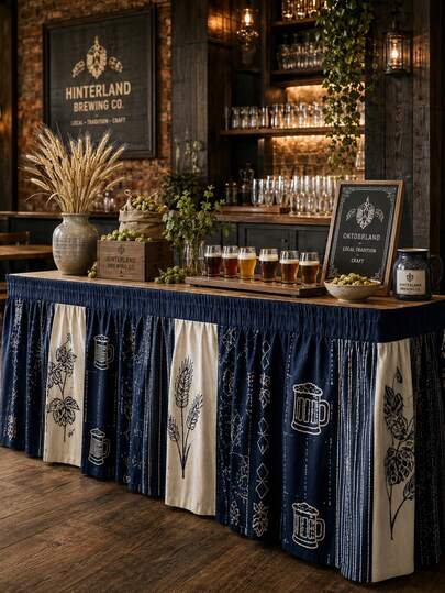 1pc-Oktoberfest Patchwork Table Skirt, Beer Mug Hop Wheat Vintage Brewery Print Pleated Table Cover, Hook & Loop Wrinkle Resistant Washable Decor For Beer Festival Bar Pub Harvest Party Brew Event Buffet Display Table Decoration