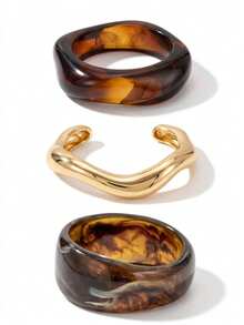 3pcs Bohemian Style Chunky Resin & Wavy Gold Bracelet Set, Stackable, Women's Party Accessories - Multicolor - View 3