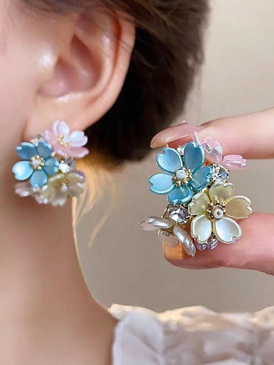 1對復古水鑽玫瑰花優雅耳環，時尚百搭，適合女性 - 彩色 - 查看 1