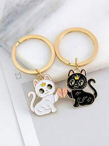 Matching Couple Cat Keychains Set, Cute Enamel Cartoon Kitten Split Heart Key Rings, BFF Best Friend Lover Matching Key Chain Pendant - Multicolor - View 4