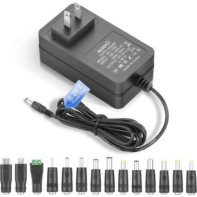 12V Power Supply 2A Universal AC Adapter 100-240V 50-60HZ To DC 12 Volt Power Cord 2Amp 1A 6.5FT With 14 Tips For DVD Player External Hard Drive Piano Keyboard LED Light Router CCTV
