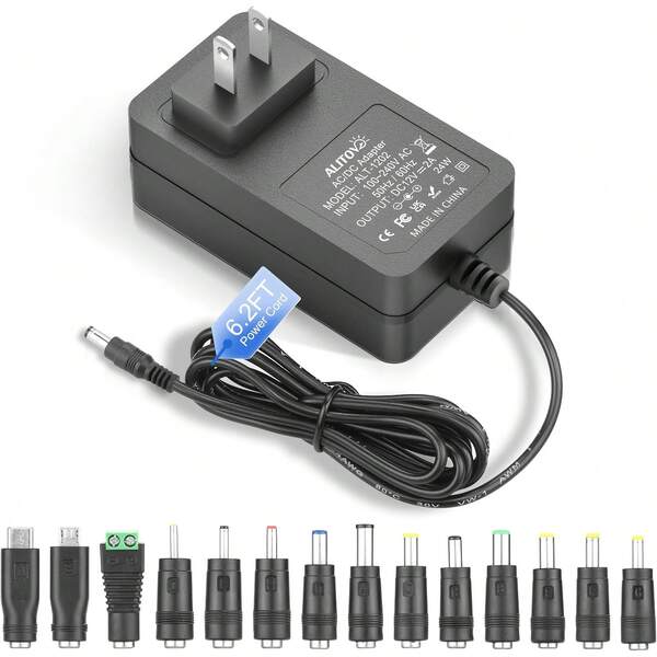 12V Power Supply 2A Universal AC Adapter 100-240V 50-60HZ To DC 12 Volt Power Cord 2Amp 1A 6.5FT With 14 Tips For DVD Player External Hard Drive Piano Keyboard LED Light Router CCTV