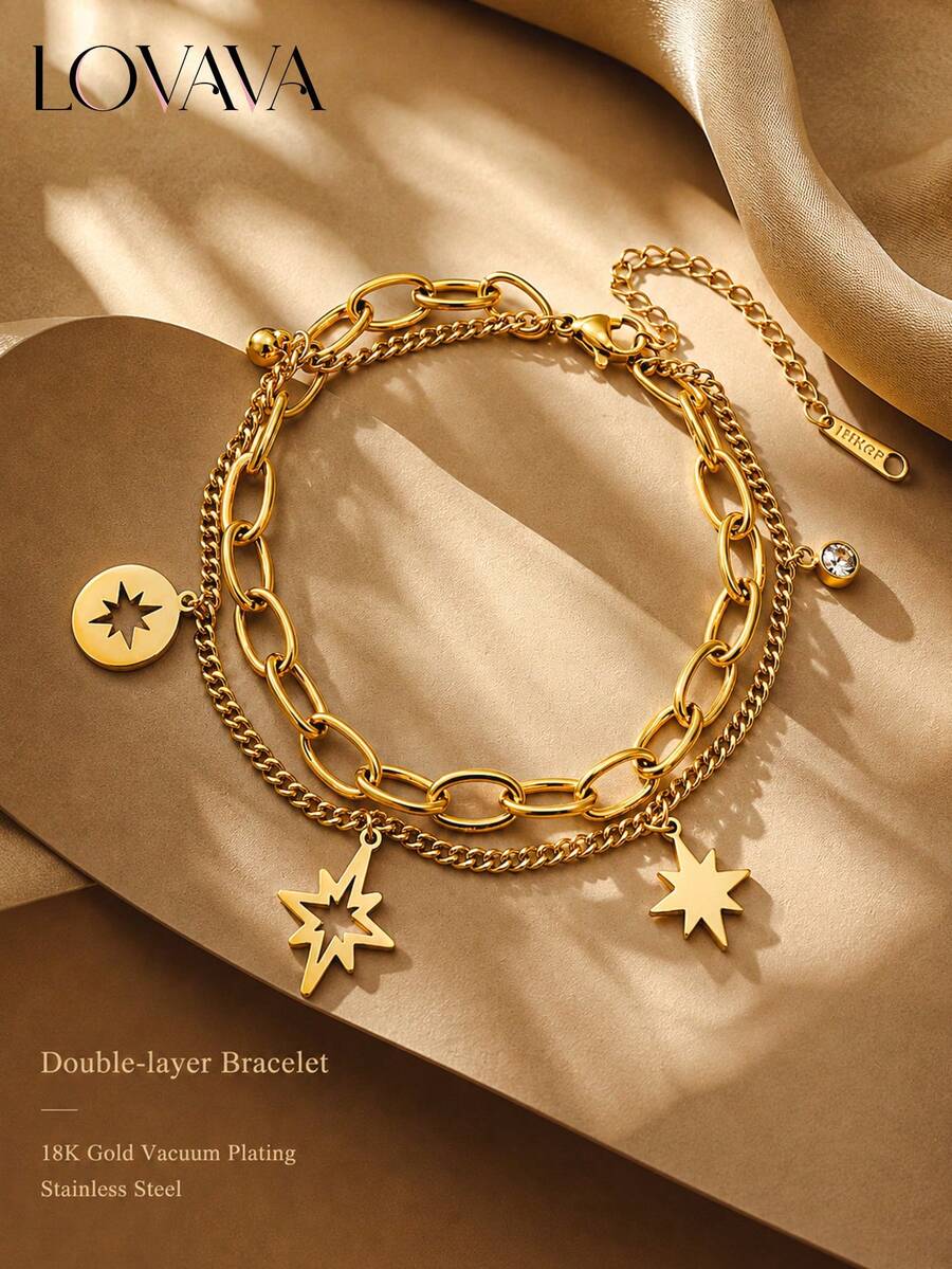 18K Gold Vacuum Plated Stainless Steel Double Layer Star Pendant Bracelet For Women, European And American Luxury Style, Oval Chain Round Charm Vintage Rhinestone Hand Jewelry, Suitable For Daily Commute, Party, Vacation, Gift - Gold - View 1