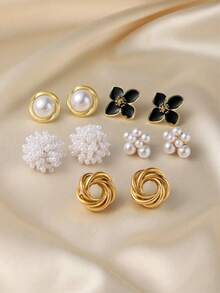 5 pares/1 par de pendientes de botón elegantes para mujer, serie de flores con perlas falsas, estilo hada, juego de pendientes a juego para uso diario casual - Dorado - Ver 2