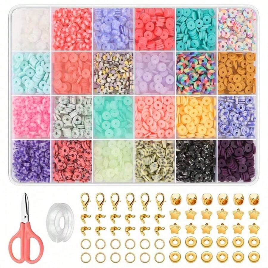 24-Grid Soft Clay Beaded Bracelet Making Kit For Beginners, Friendship School Style Polymer Clay Beaded Bracelet Jewelry Making Kit With Accessories, DIY Craft Gift Including (String + Scissors + Accessories) - 24-grid Polymer Clay Kit (Wire + Scissors + Accessories) - View 1