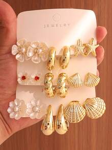 6/18PCS Fashionable Elegant Floral Geometric Ocean Series Multi-Element Gold Metallic Pearl Color Flower Earrings Set, Women's Fashion Earrings Set - Multicolor - View 10
