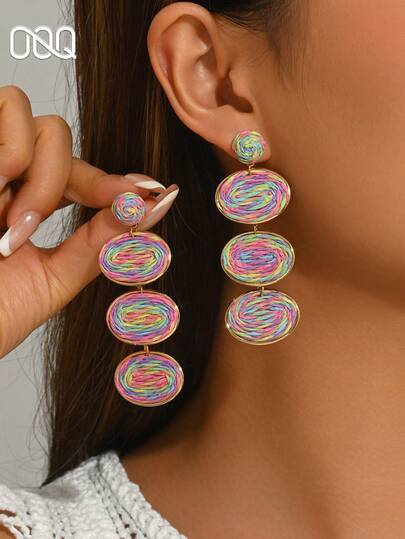 OOQ 1 Pair Bohemian Style Colorful Geometric Oval Tassel Long Earrings, Dopamine Bright Color Fairy Style Niche Design Women's Girls Earrings, Suitable For Daily Commute, Party, Back To School Season, Gift For Classmates And Teachers