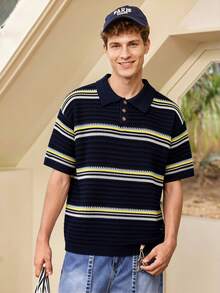 Whitmere Men's New Casual Loose Minimalist Solid Striped Shirt, Korean Retro Versatile Commuting Elegant Slouchy American Streetwear Style Polo Collar Button - Navy Blue - View 1