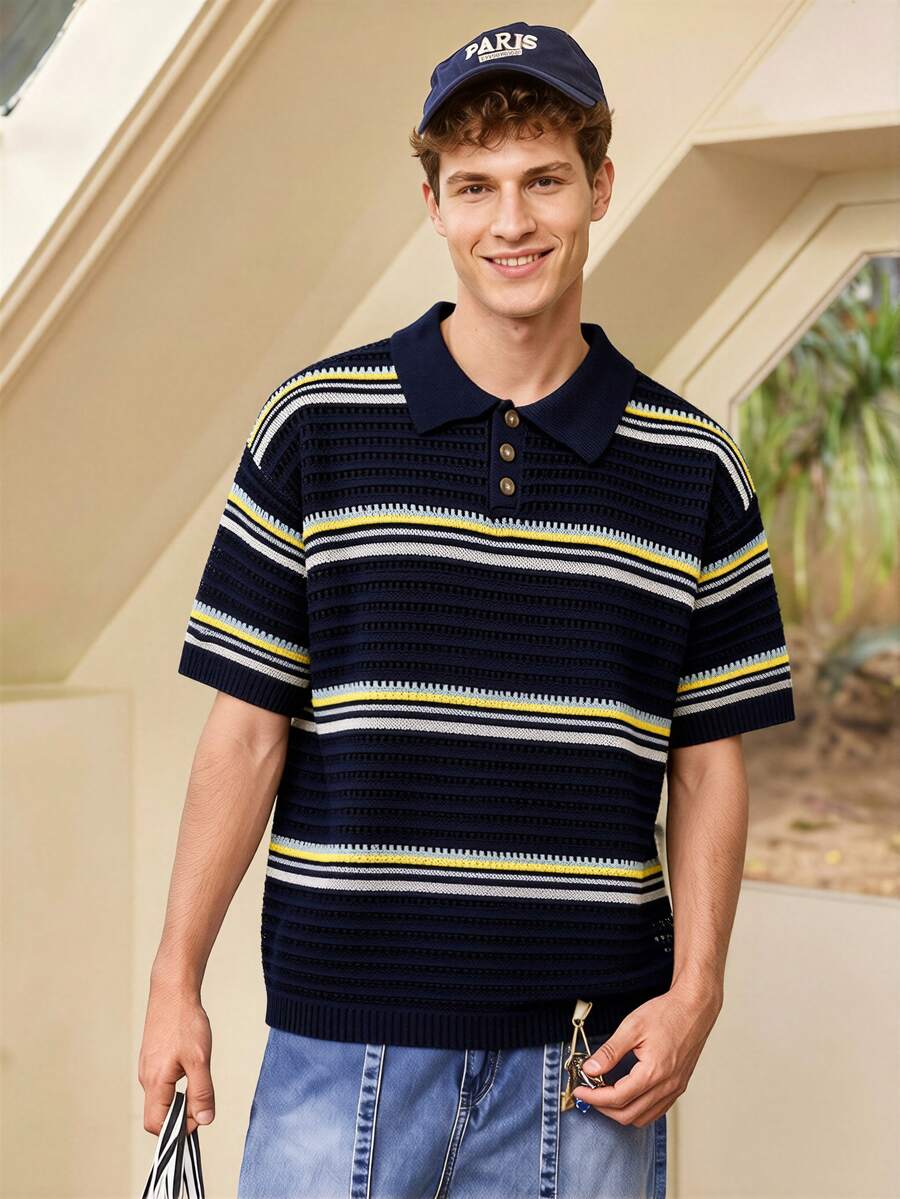 Whitmere Men's New Casual Loose Minimalist Solid Striped Shirt, Korean Retro Versatile Commuting Elegant Slouchy American Streetwear Style Polo Collar Button - Navy Blue - View 1
