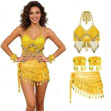 Exotic Themed Party Dangling Coin Sequin Bra Top With Fringe Hip Scarf And Cuffs For Costume Cosplay And Festival Parade - Multicolor - View 13