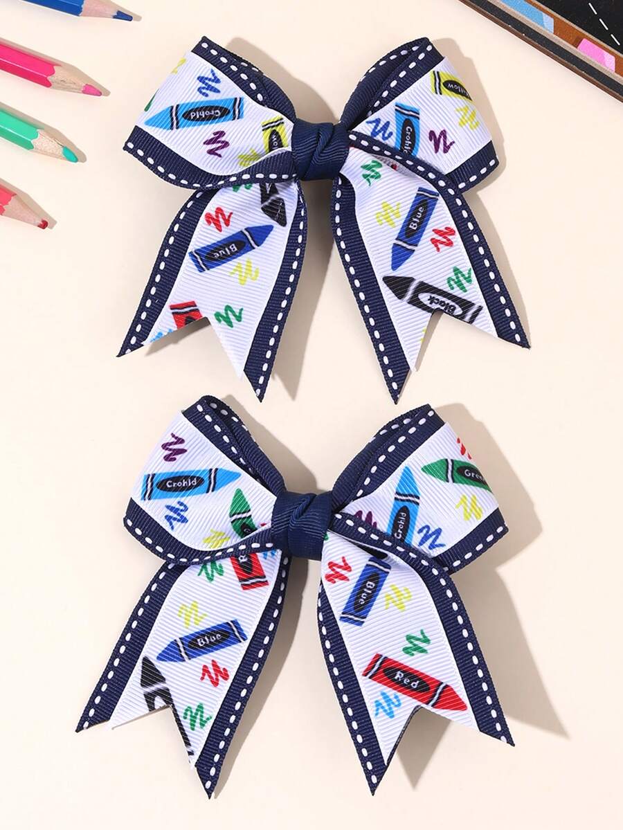 2件裝返校季海軍藍白色蝴蝶結髮夾,鉛筆印花髮飾蝴蝶結,鱷魚夾,可愛青少年女孩髮飾,學校禮物 - 彩色 - 查看 1
