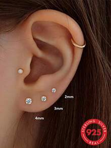 3pcs/Set 925 Sterling Silver Women's Stud Earrings, Suitable For Sensitive Ears, Cubic Zirconia Cartilage Piercing Earring Set, 2-4mm - Style 1 - View 4