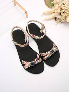 Beige Floral Braided Elastic Ankle Strap Sandals, Sapphire Rhinestone Flat Roman Sandals, Women Beach Sandals For Summer Vacation - Beige - View 5