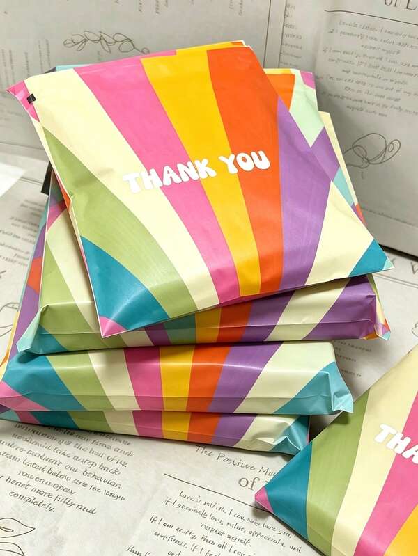 Colorful Printed "Thank You" Text Courier Bags, Waterproof Thickened Colorful Printed Courier Packaging Bags, Tear-Resistant Mailing Envelopes, Suitable For Clothing, Suitable For Small Businesses, Wedding Gifts, Party Fillers