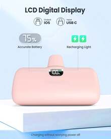 JAMJAKE 5000mAh 小型便携式手机充电器，内置电缆，带 LCD 显示屏和 LED 灯的移动电源，适用于所有手机系列 Lightning 端口内置直接充电快速充电手机小型便携式充电器、移动电源、便携式充电器适合夏季假期户外旅行/露营和紧急备用移动电源，适合送给家人、朋友、生日的礼物，电量显示 - 粉色 - 查看 6