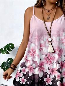 Women Boho Floral Print Spaghetti Strap Ruffle Hem Midi Dress, Adjustable Tie Neck Flowy Chiffon Sundress, Beach Vacation Outfit - Dusty Pink - View 3