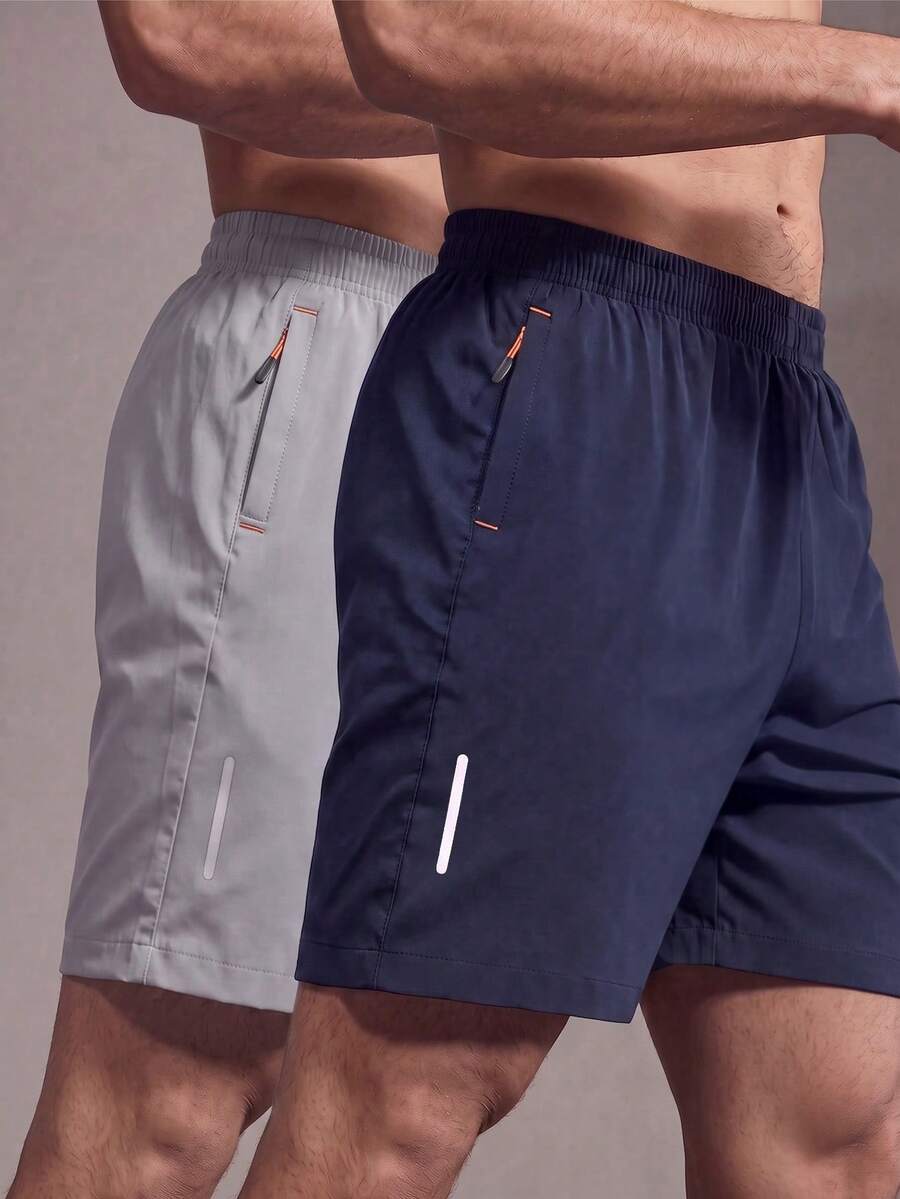2 piezas Pantalones cortos deportivos casuales de hombre de alto rendimiento, sueltos y de secado rápido, con rayas reflectantes, bolsillos, cremallera y cordón en la cintura, suaves y ligeros para entrenamiento y ejercicio - Multicolor - Ver 1