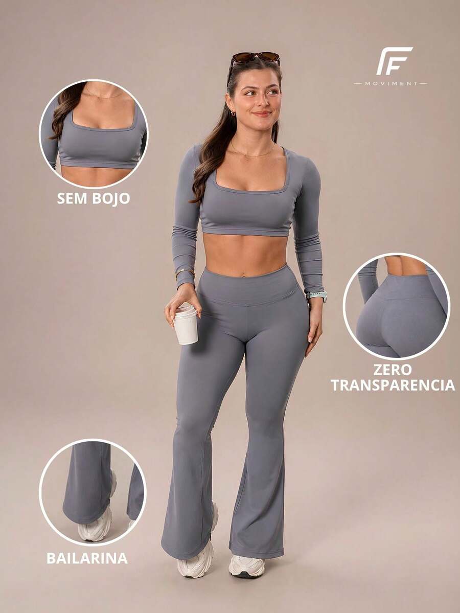 Plain Zero-Transparency Polyamide Flare Long Sleeve Fitness Gym Set - Grey - View 1