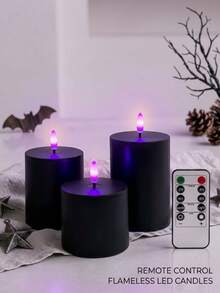 Velas de Halloween, Velas negras sin llama, Velas LED de pilar con control remoto y función de temporizador (Baterías no incluidas), Adecuadas para decoración de vacaciones, Regalo de vacaciones, Crear ambiente de Halloween (Juego de 3 piezas, Baterías no incluidas) - Luz morada negra - Ver 1