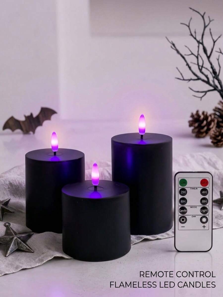 Velas de Halloween, Velas negras sin llama, Velas LED de pilar con control remoto y función de temporizador (Baterías no incluidas), Adecuadas para decoración de vacaciones, Regalo de vacaciones, Crear ambiente de Halloween (Juego de 3 piezas, Baterías no incluidas) - Luz morada negra - Ver 1