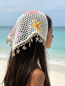 1pc Lightweight Hollow Crochet Headscarf, Bright Ocean Starfish & Shell Applique With Shell Pearl Tassel Square Scarf, Gentle & Cute Headscarf, Suitable For Summer Beach Outings, Pool & Seaside Market Outfits, Back To School Gift For Daughter - Multicolor - View 2