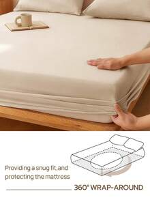 1pc Solid Color 25cm Deep Pocket Fitted Sheet, Soft Breathable Mattress Protector, Suitable For All Bed Sizes, Dorm Home Bedding Decor - Light Khaki - View 5