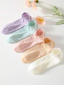 5 Pairs Women's Vintage Leaf Pattern Embossed Fashion Short Invisible Socks, Ankle Socks, Boat Socks, Breathable Soft Minimalist Socks, White Socks, Suitable For Daily Casual Wear, All Season Spring/Summer - Multicolor - View 4