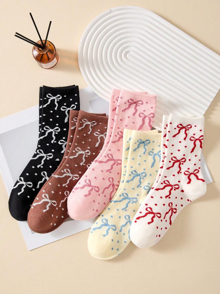 4 pares de calcetines cómodos y casuales de media pantorrilla para mujer con lazo lindo y lunares, suaves y transpirables, aptos para la escuela, uso diario, color aleatorio, adecuados para primavera, verano, otoño e invierno, todas las estaciones - Multicolor - Ver 1
