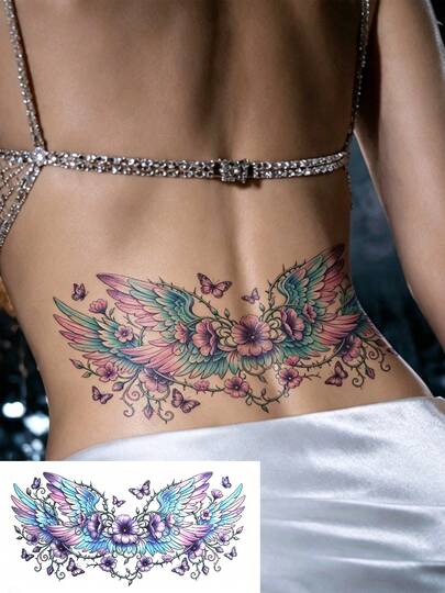 Butterfly Flower Temporary Tattoo Sticker For Women, Colorful Floral Butterfly Body Tattoo, Waterproof Fake Tattoo Decal, Sexy Lower Back Tattoo Design, Festival Party Makeup Accessory, Beauty Body Art Decoration