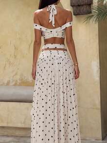 DOUCIU 2pcs Polka Dot Halter Drape Top + Asymmetric Skirt Set, Casual Street Style - White - View 3