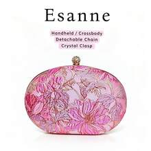 Modische Abend-Clutch, rosa Blumen-Jacquard Hartschalen-Clutch für Damen, goldene Kette Schultergurt, abnehmbare Umhängetasche, geeignet für Hochzeiten, Bälle, Feiertagspartys und andere Anlässe - Heißes Pink - Übersicht 4